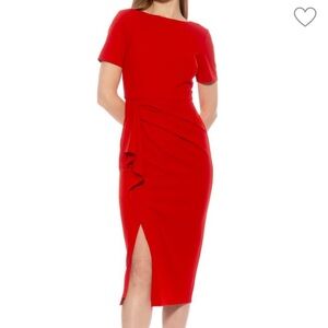 Red Asymmetrical Ruched Midi Dress